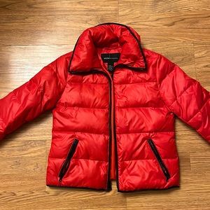 Red MODA international red puffer jacket.